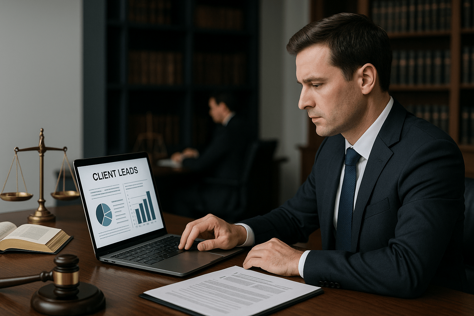 Lawyer reviewing legal client leads on a laptop in a law office with bookshelves and legal documents.
