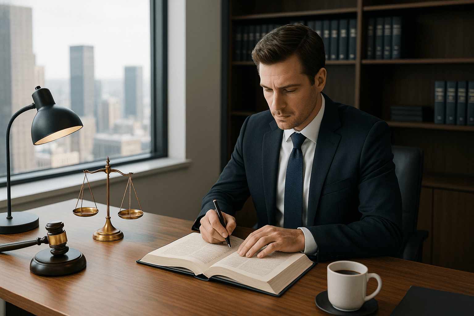 Lawyer at desk reviewing case notes with a gavel, legal scales, and city skyline in background