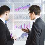 Business professional in modern office analyzing lead generation data on a digital screen