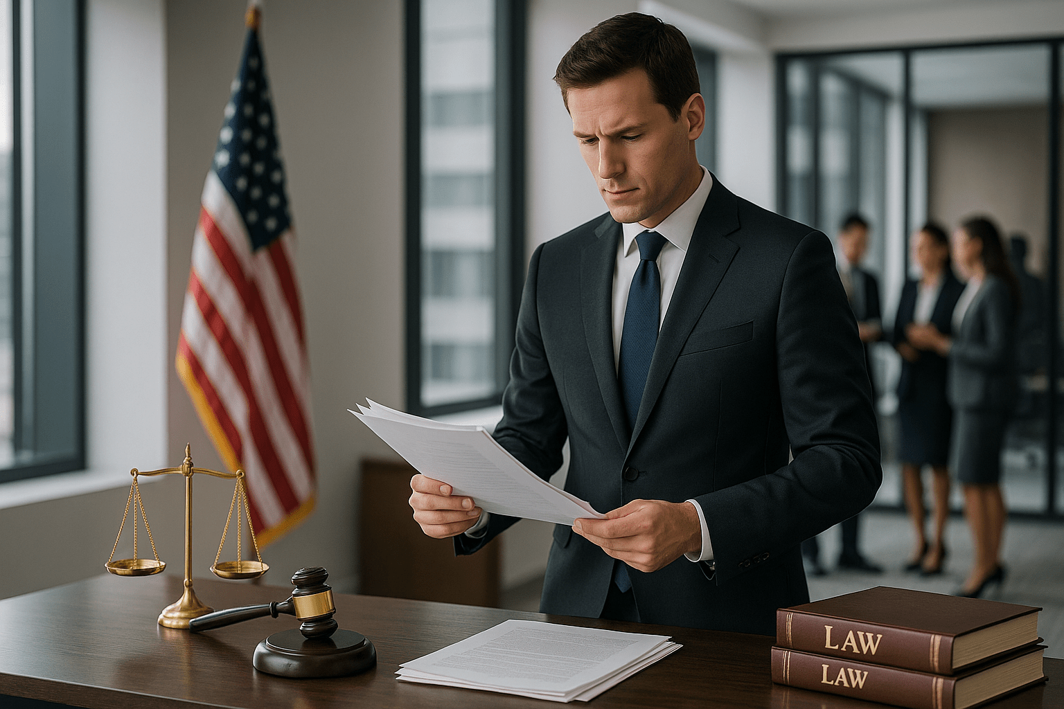Business lawyer reviewing legal documents at a law firm conference room with colleagues in the background