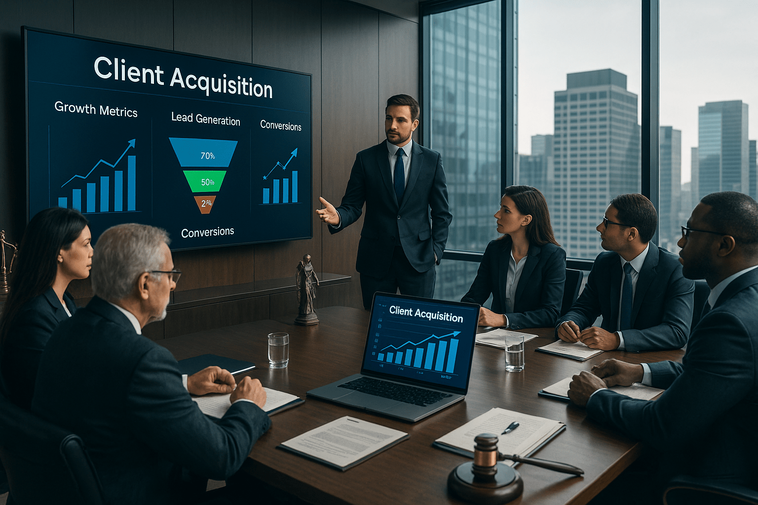 Executives at a large law firm reviewing client acquisition data in a modern boardroom with city skyline views.