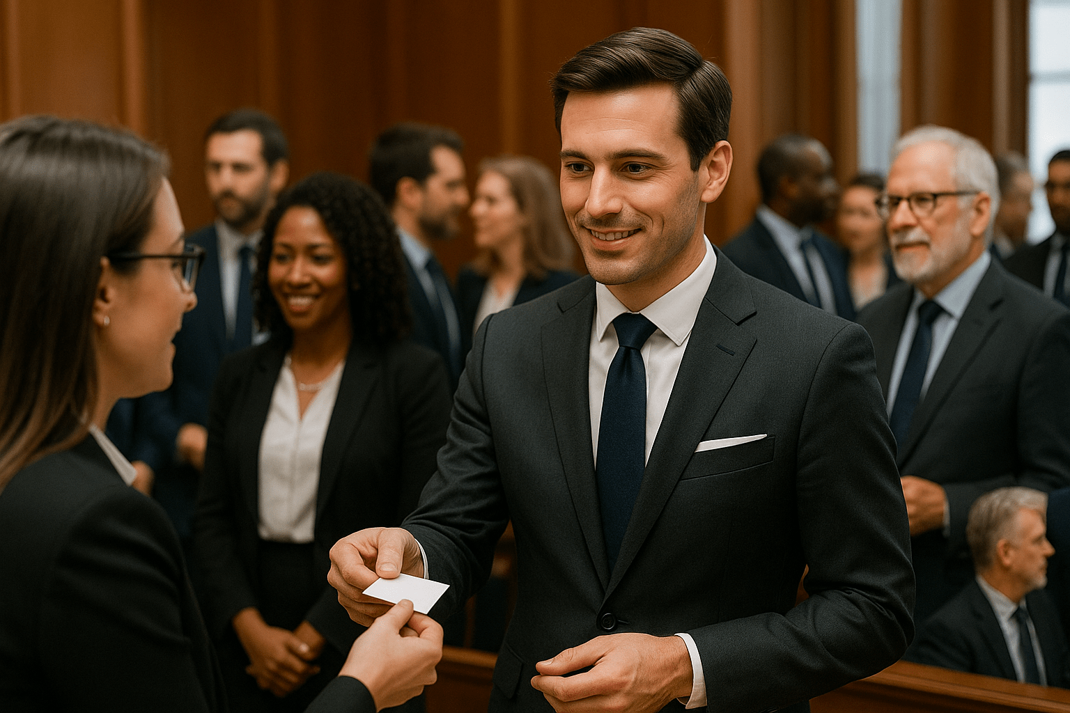 Lawyer networking at a professional event, exchanging business cards with potential legal leads.