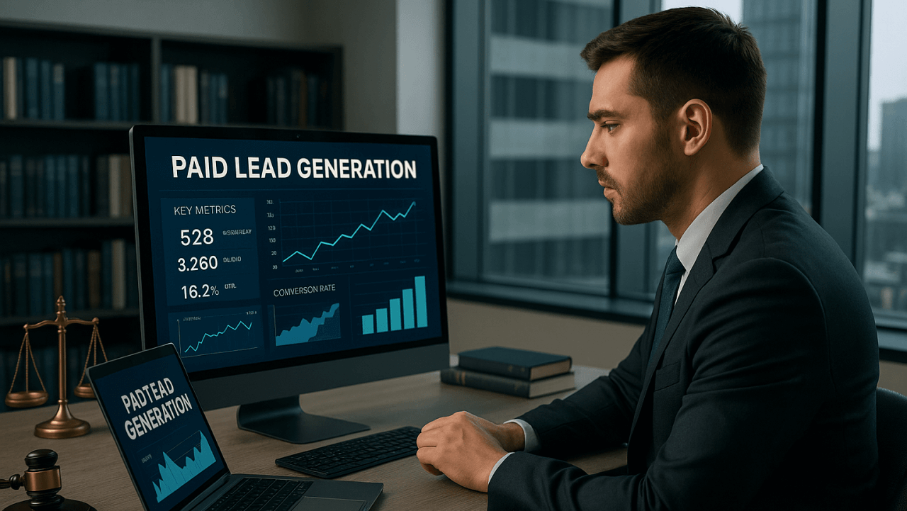 Attorney reviewing a paid lead acquisition dashboard on a laptop in a modern office.