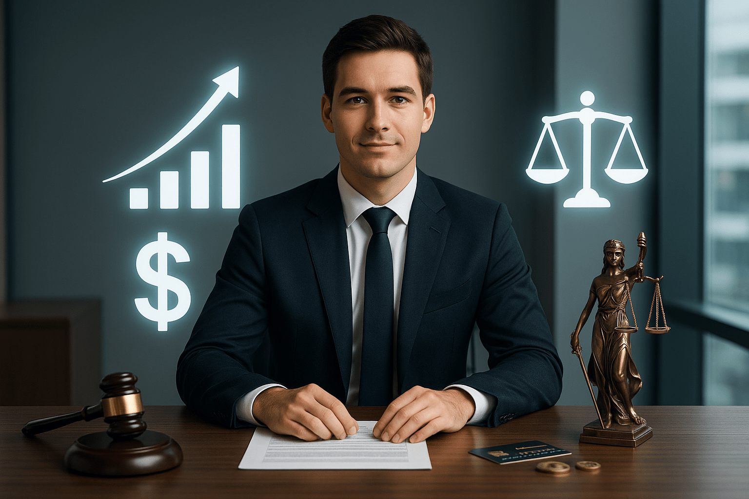 Confident lawyer smiling at his desk surrounded by legal symbols and financial growth charts, symbolizing passive income success.