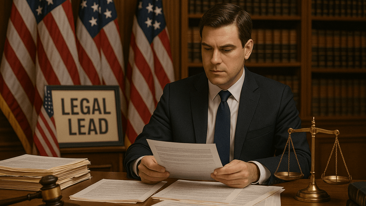 Attorney reviewing legal documents in a law office with legal lead signage in the background