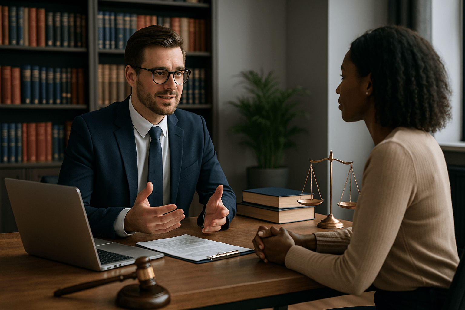 Attorney consulting with a client in a law office, reviewing legal documents with law books and justice scale on the desk