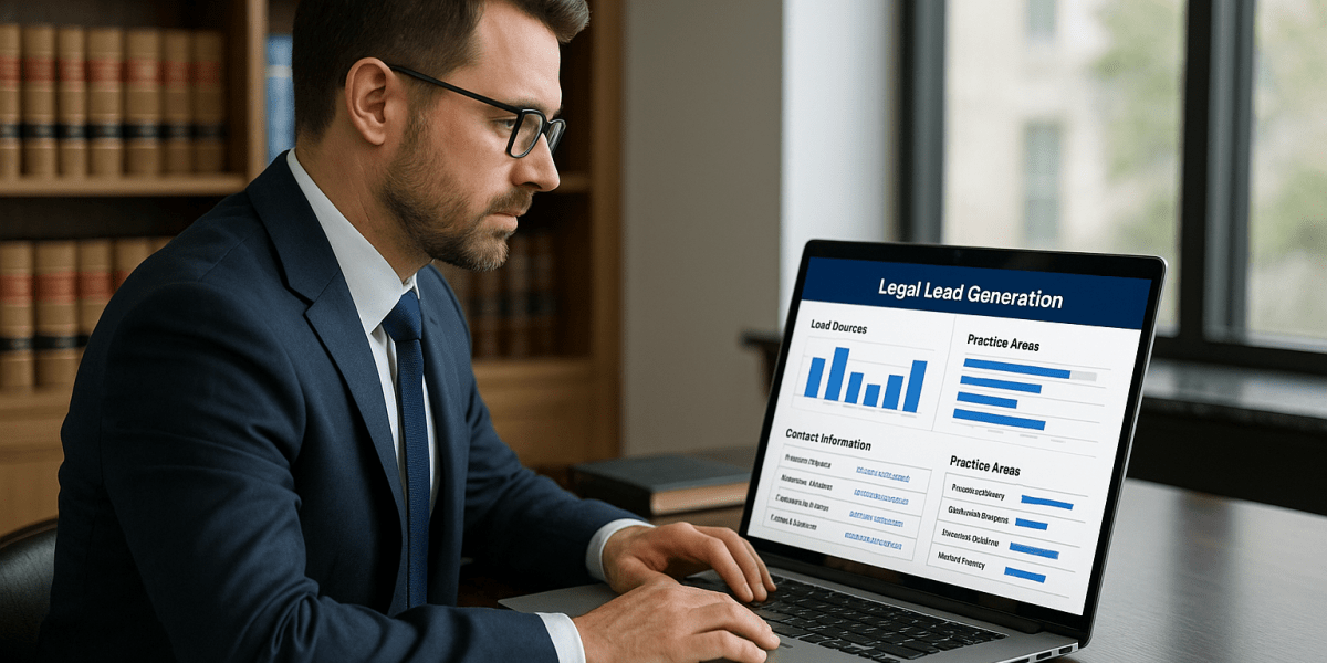 Lawyer reviewing legal lead generation results on a laptop in a modern office