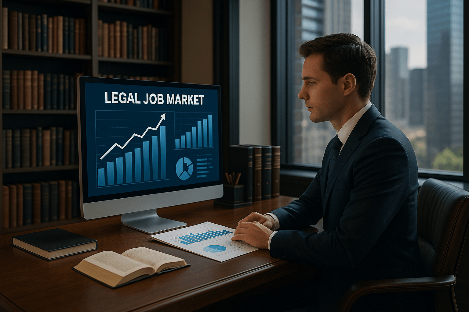 Attorney reviewing data on the legal job market at a modern law office desk