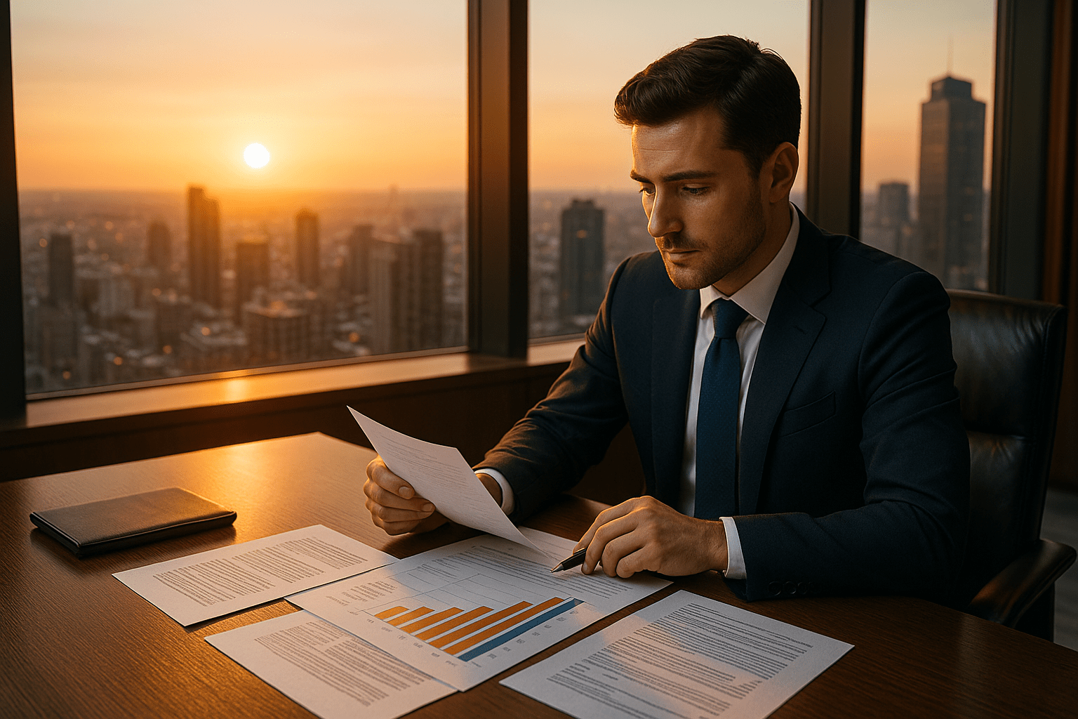 Lawyer reviewing income growth charts in a high-rise office at sunset
