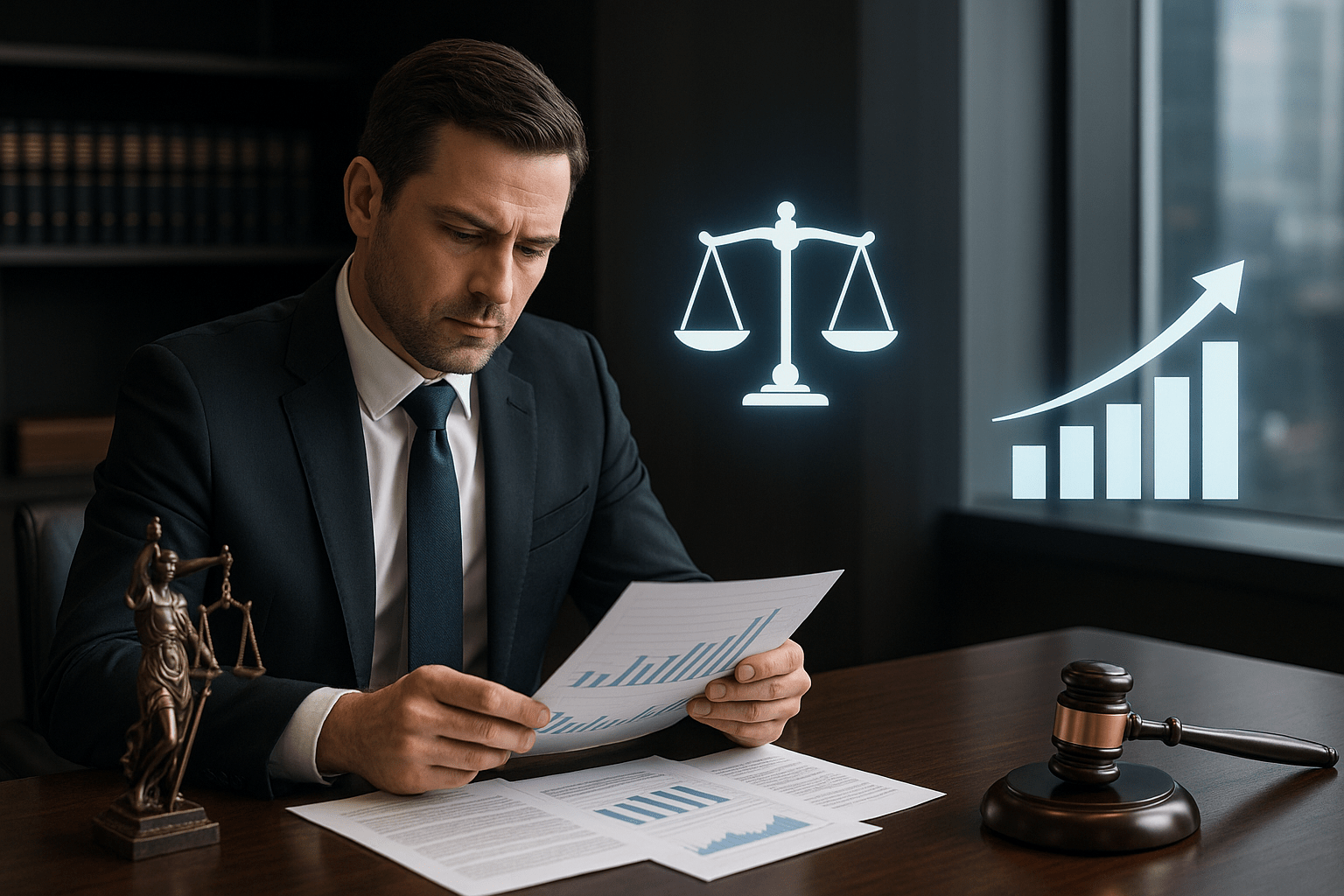 Young lawyer reviewing financial data at a law office, with justice scales and profit growth graphics in the background.