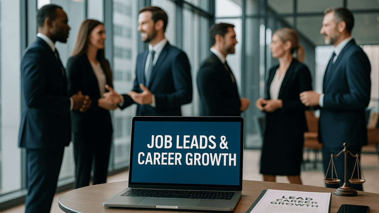 Professionals networking in a modern office lounge with a laptop displaying "Job Leads & Career Growth"