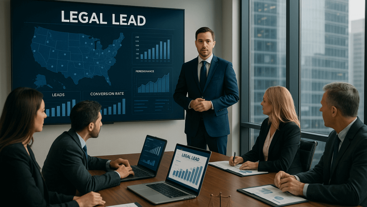 Legal marketing team in a conference room discussing lead generation strategies with charts and a U.S. map on a presentation screen