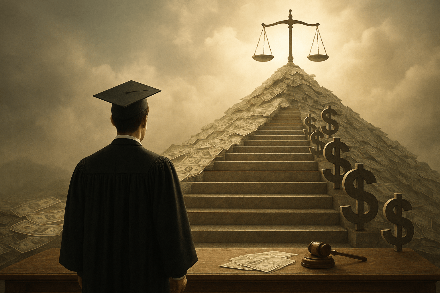 Law school graduate walking up a staircase made of money toward justice scales, symbolizing the path to becoming the richest lawyer in America.