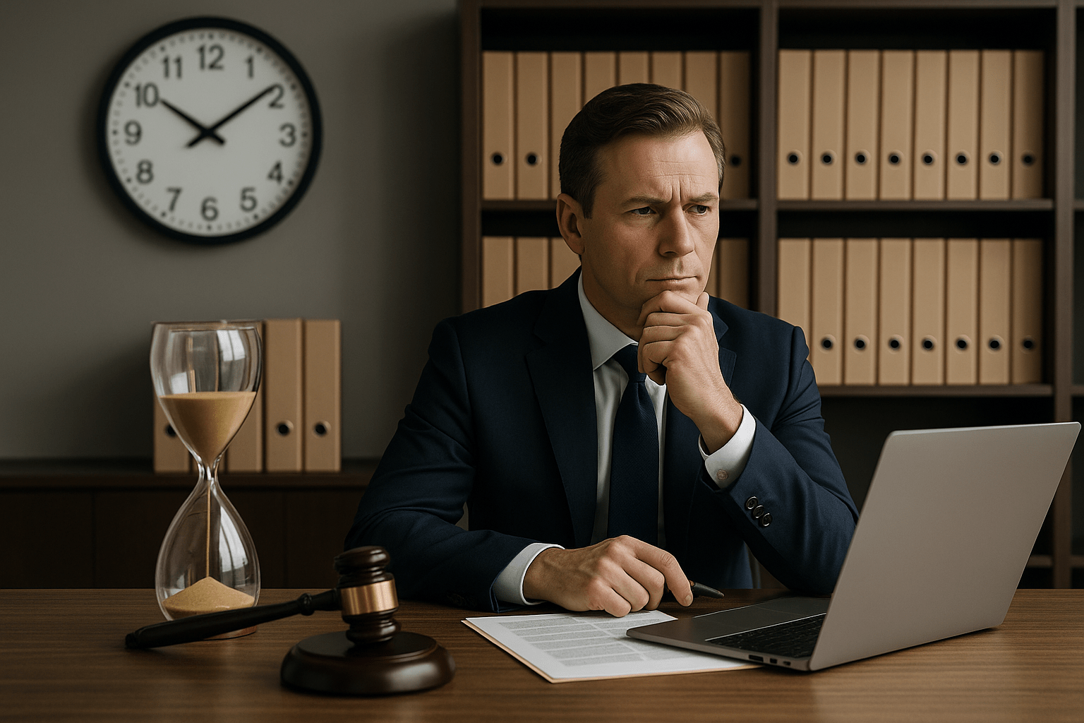 Lawyer strategizing at desk with hourglass and clock, symbolizing time-sensitive client acquisition