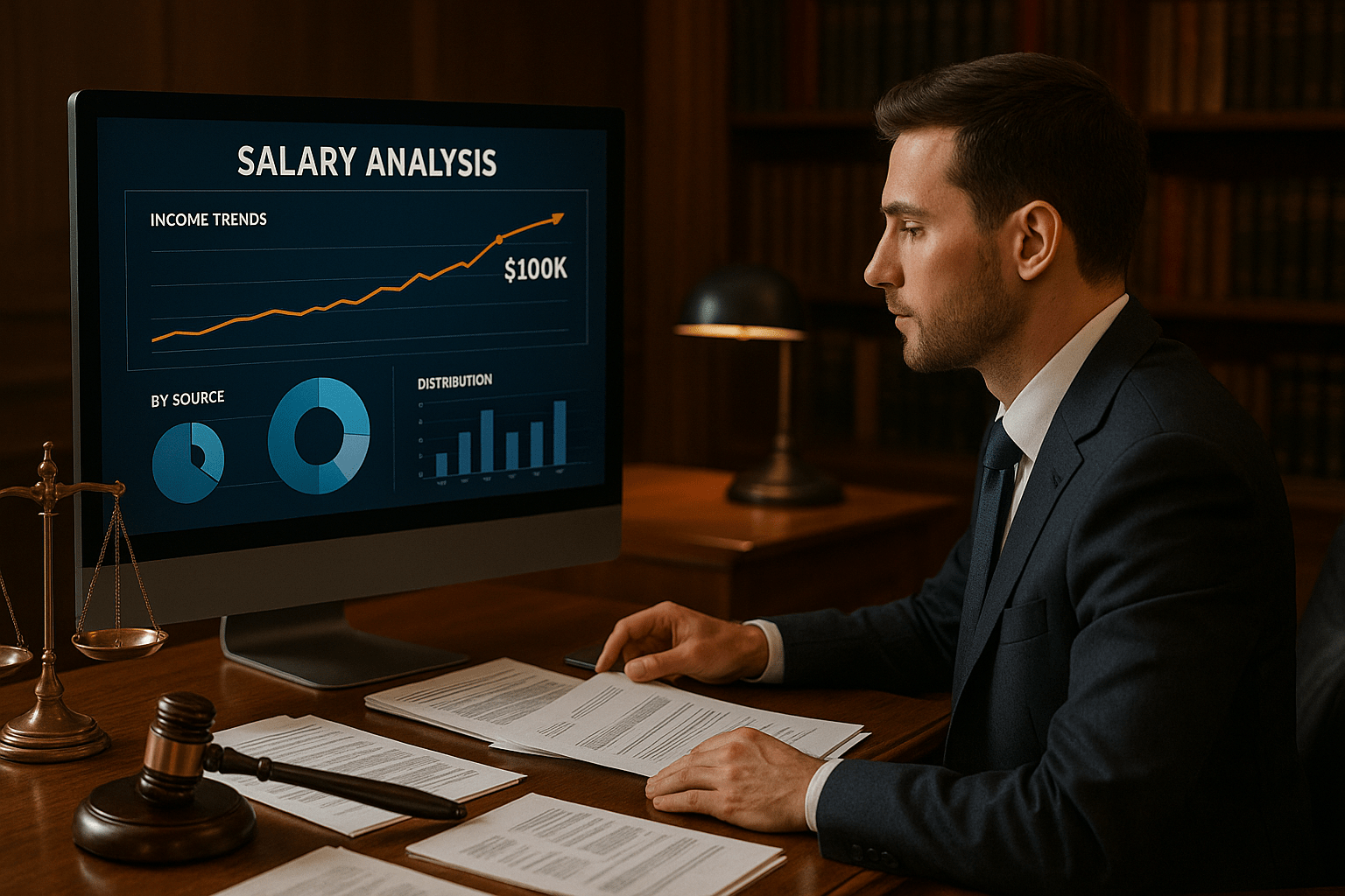 Lawyer reviewing salary reports on a digital screen showing income growth and financial trends