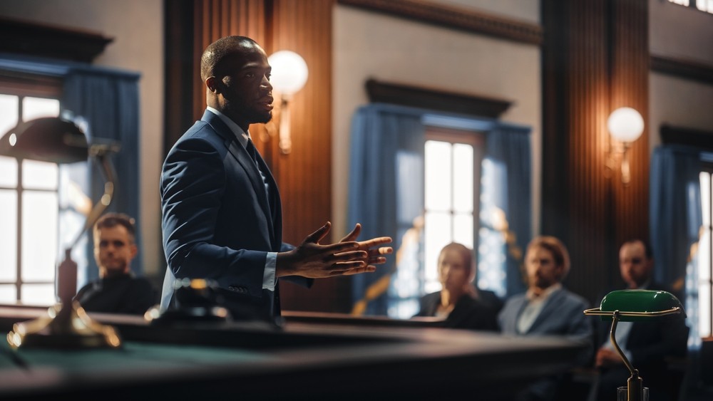 Lawyer speaking in courtroom during a trial