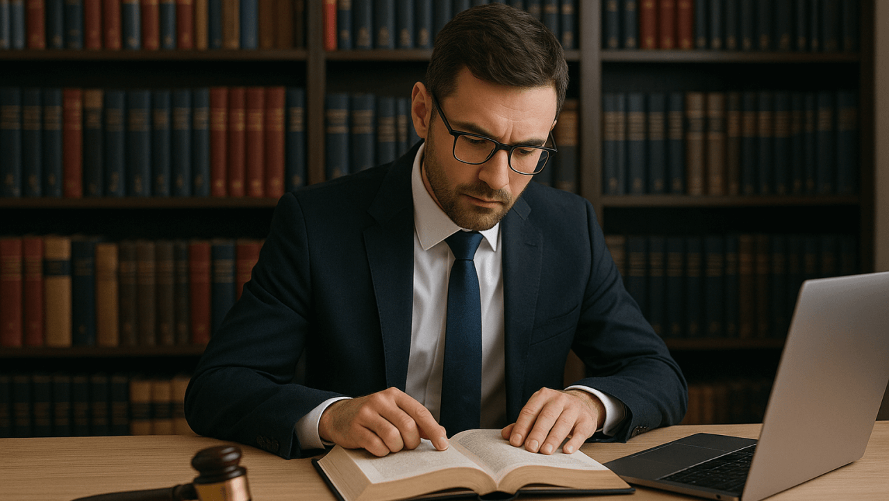 Lawyer reviewing legal documents at desk with law books, gavel, and scales of justice in a modern law office