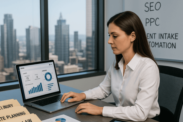 Female lawyer in a white blouse reviewing legal leads on a CRM dashboard with digital marketing charts and case folders