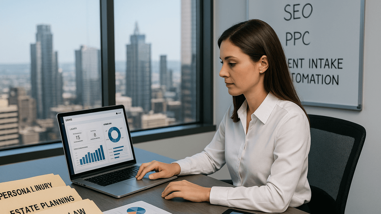 Female lawyer in a white blouse reviewing legal leads on a CRM dashboard with digital marketing charts and case folders