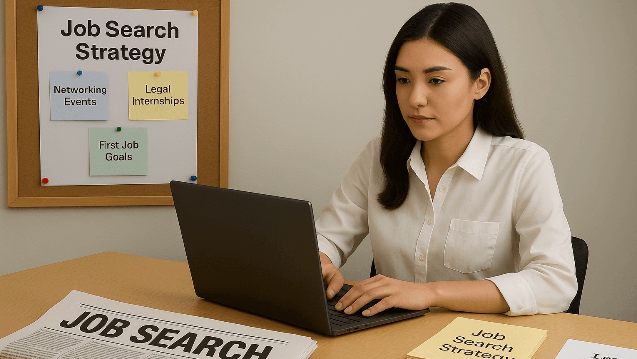 New lawyer in professional attire reviews legal job postings and client intake strategies at a desk, symbolizing early career planning and lead generation.