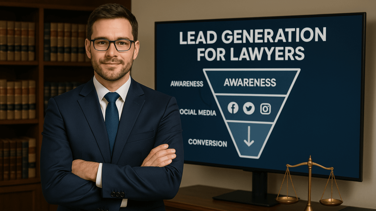 Attorney in a law office with a digital lead generation flowchart for lawyers on screen