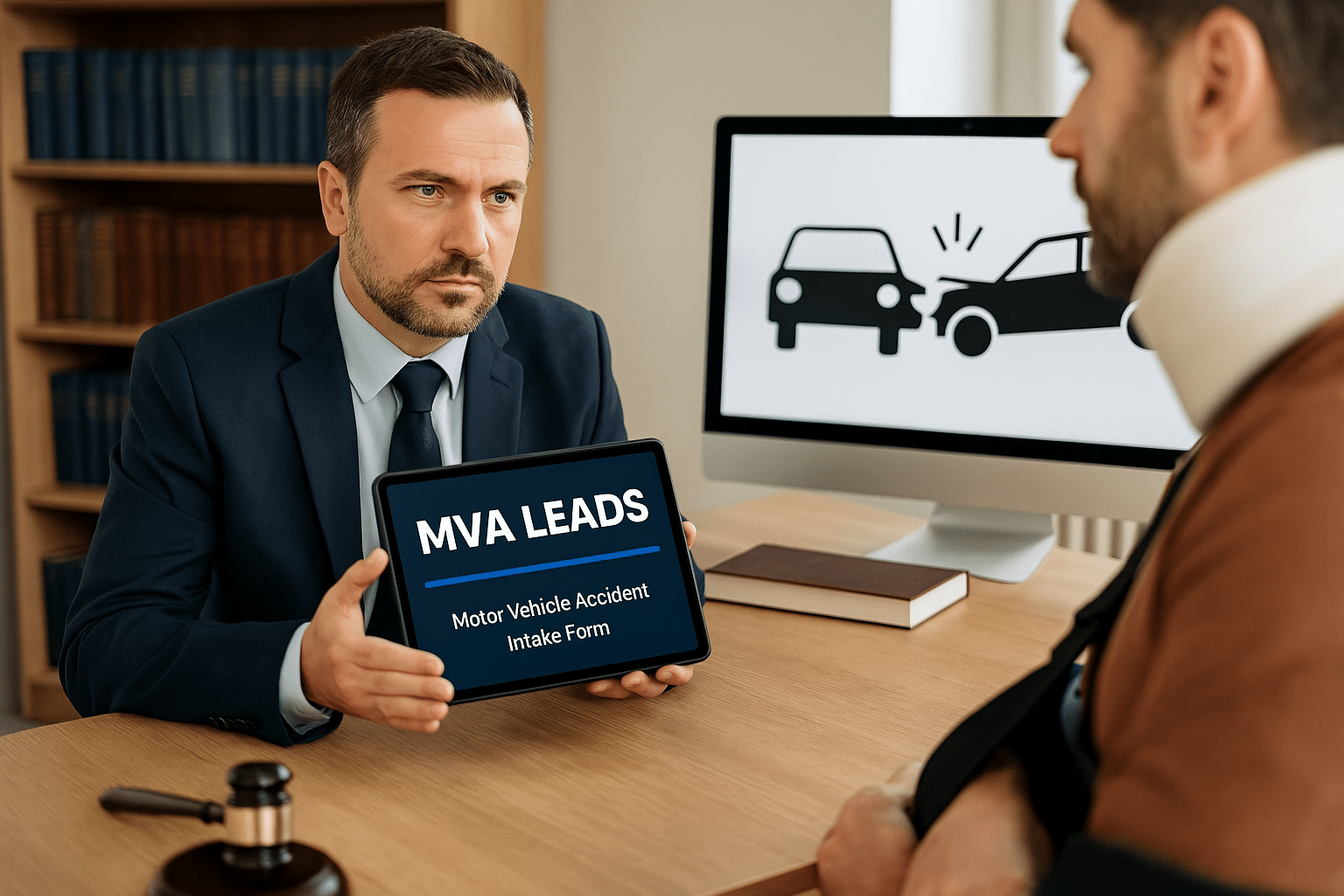 Attorney reviewing MVA lead intake form with an injured client in a neck brace during a legal consultation.