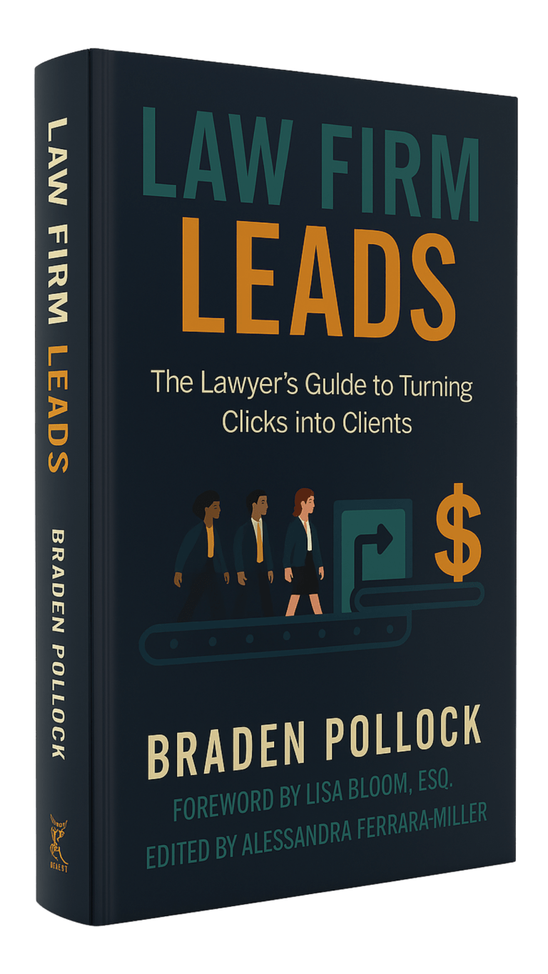 AI 3D redering of ebook Law Firm Leads: The Lawyer’s Guide to Turning Clicks into Clients by Braden Pollock.