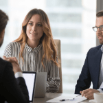 Legal marketing team discussing effective marketing strategies for bankruptcy lawyers in corporate meeting